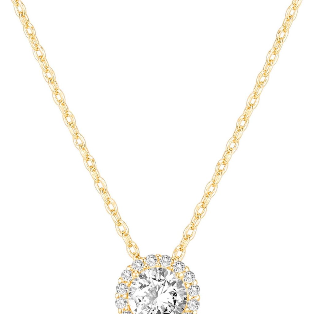 14k Gold Plated Post Faux Diamond Round Solitaire Pendant Halo Necklace | Gold N